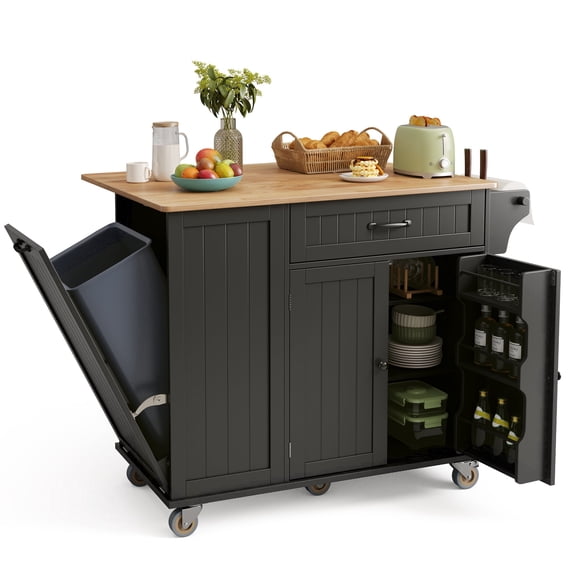 Noelse Large Kitchen Island Cart with Trash Can Storage, Rolling Kitchen Island on Wheels with Drop Leaf, Black