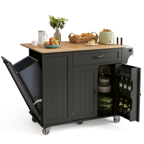 Noelse Large Kitchen Island Cart with Trash Can Storage, Rolling Kitchen Island on Wheels with Drop Leaf, Black