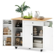 Kitchen Island with Wheels, Storage Cabinet with Adjustable Shelf & Drop Leaf Countertop, Spice Rack and Towel Bar, White