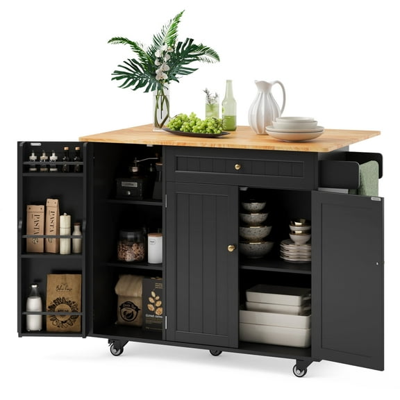 Noelse Kitchen Island with Storage, Island Table for Kitchen with Drop Leaf, 5 Wheels, Interal Storage Rack, a Drawer, Spicy Rack and Towel Bar, Black