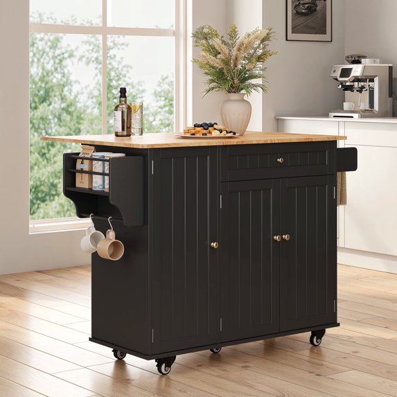 Noelse Kitchen Island with Storage, Portable Island Table for Kitchen with Drop Leaf, Spice Rack, Towel Bar for Small Kitchens, Black