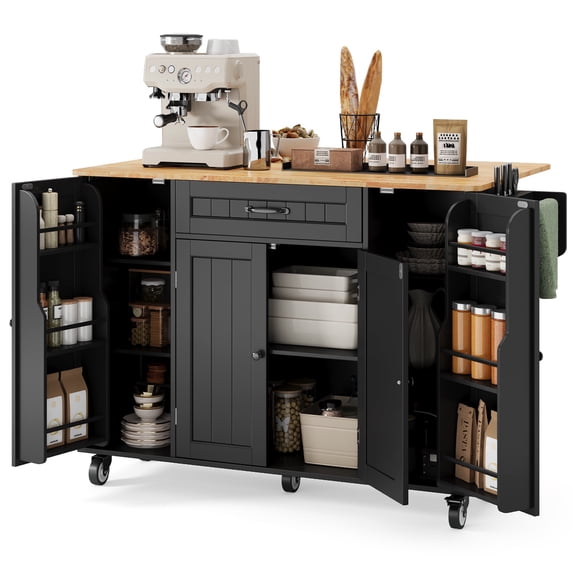 Noelse Kitchen Island with Storage on Wheels, Rolling Kitchen Cart with Drop Leaf, Drawer, Cabinet & Rubber Wood Top, Black