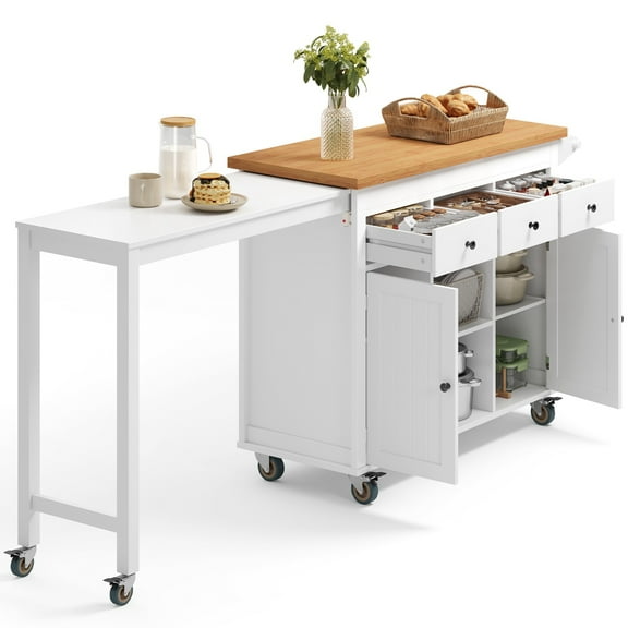 Noelse Kitchen Islands with Extendable Dining Table, 75" Mobile Kitchen Storage Islands, Rolling Kitchen Cart with 3 Drawers & Towel Rack (White)