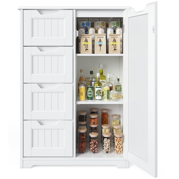 33'' Small Kitchen Pantry Storage Cabinet with 4 Drawers 3 Shelves and 1 Door, Noelse Wooden Bathroom Storage Cabinet for Kitchen Dining Room