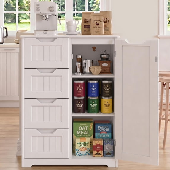 33'' Small Food Pantry Cabinet with Doors and Shelves, Noelse Wooden Kitchen Storage Cabinet with 4 Drawers for Kitchen Organization, White