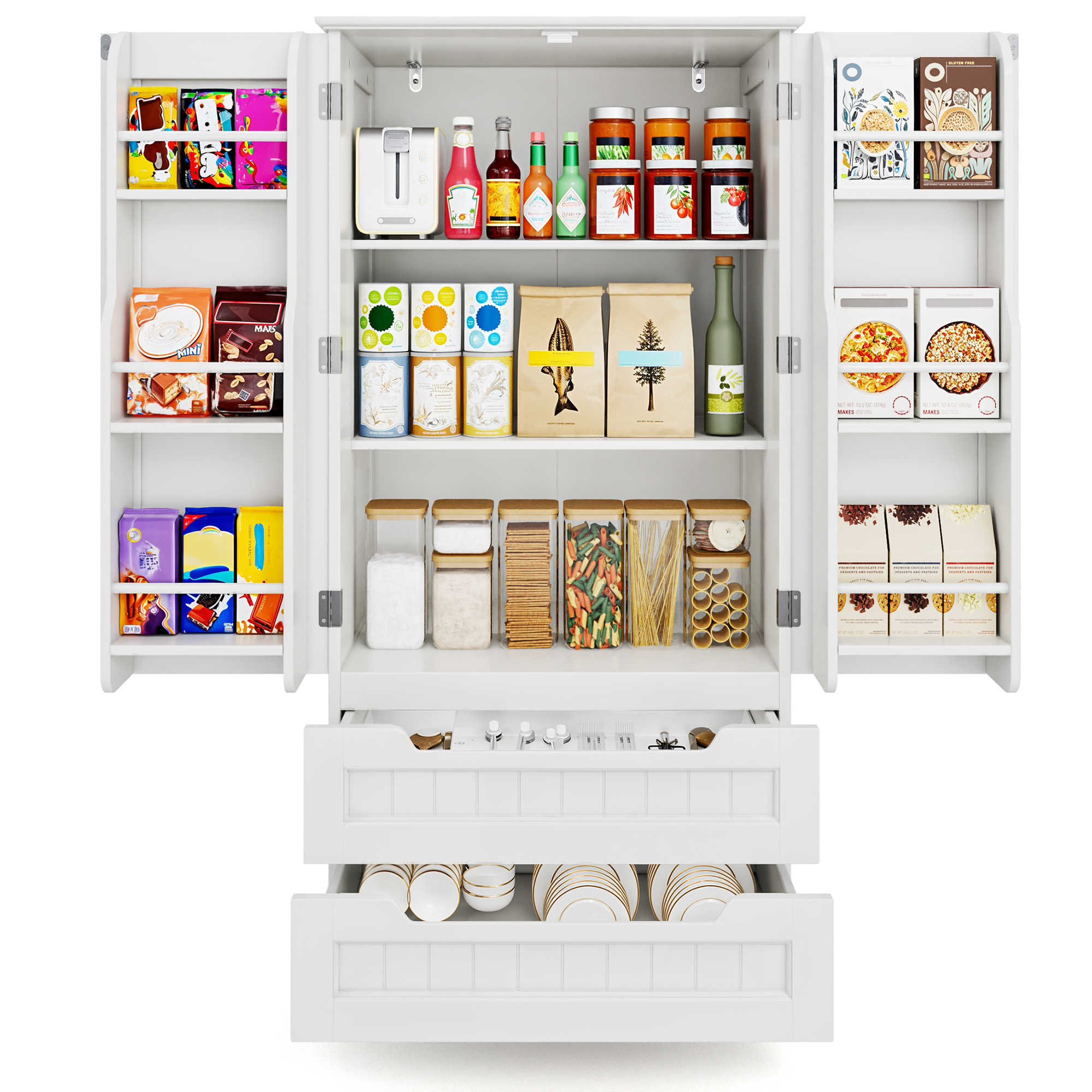 47'' Kitchen Pantry Storage Cabinet with 2 Doors and 8 Shelves, Noelse Wooden Food Storage Cabinets with 2 Drawers for Dining Room and Craft Room