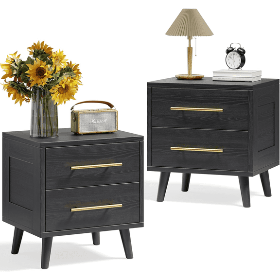 Noelse Nightstand Set of 2, Bedside Table Set for Bedroom, Wood Black Nightstand with Metal Handles 2 Storage Drawers for Bedroom, Black