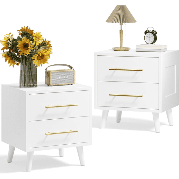 Noelse Nightstand Set of 2, Bedside Table Set for Bedroom, Wood White Nightstand with Metal Handles 2 Storage Drawers for Bedroom, White