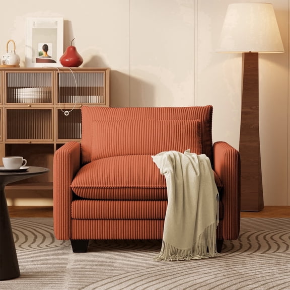 Noelse Oversized Modular Seactional Accent Chair, Deep Seat Single Sofa with 1 Pillows, Modern Corduroy Sofa Chair for Living Room Bedroom Apartment, Orange