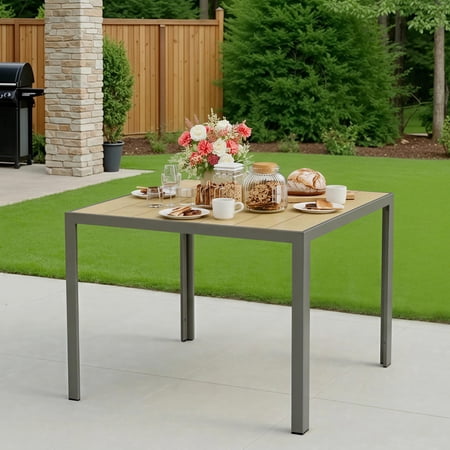 Noelse 38" Outdoor Patio Table with Side Umbrella Hole, Square Metal Outdoor Patio Dining Table for 4-Person, Brown