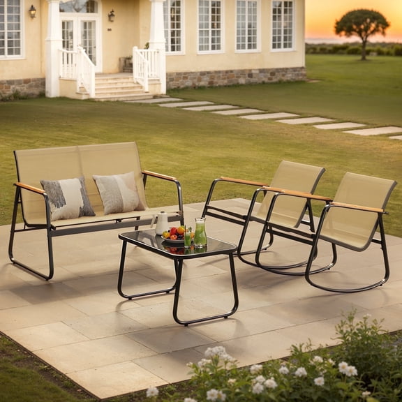 Noelse Patio Furniture Set, 4 Piece Textilene Conversation Set with 2 Rocking Chairs and Coffee Table, Perfect for Lawn, Garden, Poolside, Brown