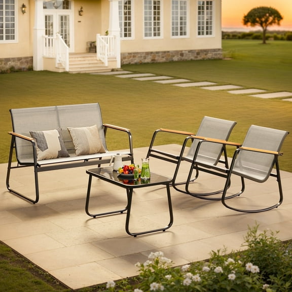 Noelse Patio Furniture Set, 4 Piece Textilene Conversation Set with 2 Rocking Chairs and Coffee Table, Perfect for Lawn, Garden, Poolside, Gray