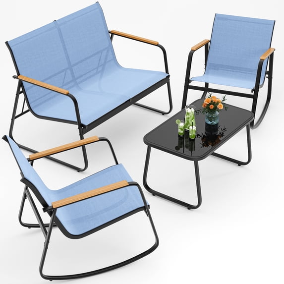 Noelse Patio Furniture Set, 4 Piece Textilene Conversation Set with 2 Rocking Chairs and Coffee Table, Perfect for Lawn, Garden, Poolside, Light Blue