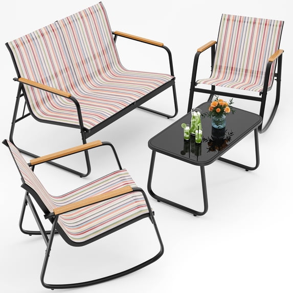 Noelse Patio Furniture Set, 4 Piece Textilene Conversation Set with 2 Rocking Chairs and Coffee Table, Perfect for Lawn, Garden, Poolside, Stripe