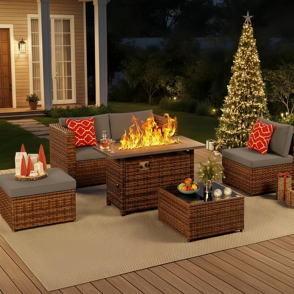 Noelse 6-Piece Patio Furniture Set with 50,000 BTU Propane Fire Pit Table, PE Rattan Outdoor Conversation Sectional Sofa Set, Grey