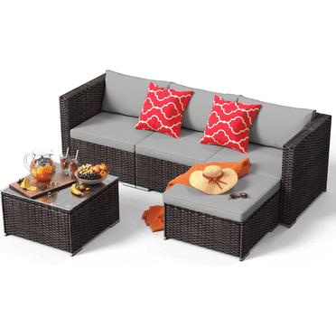 Noelse Patio Conversation Set, 5 Piece PE Rattan Outdoor Sectional Sofa Set with Coffee Table and Gray Cushions