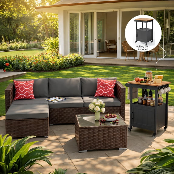 Noelse Patio Conversation Set, 5 Piece PE Rattan Outdoor Sectional Sofa Set with Coffee Table and Gray Cushions