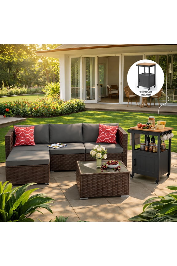 Patio Conversation Set, 5 Piece PE Rattan Outdoor Sectional Sofa Set with Coffee Table and Gray Cushions