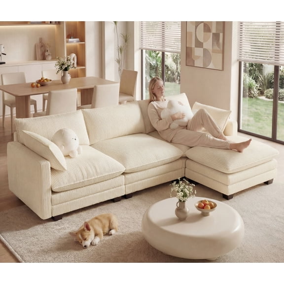 110" L Shaped 3 Seater Cloud Couch for Living Room, Noelse Modular Sectional Sofa Bed with Deep Seat, Double Layer Cushions and Movable Ottoman, Beige