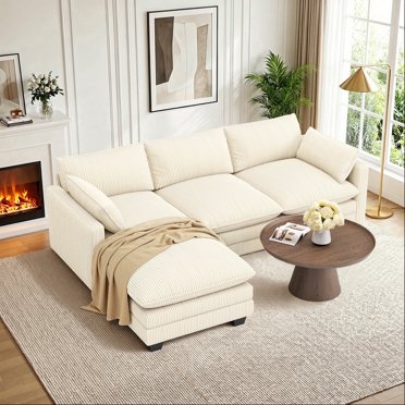 110" L Shaped 3 Seater Cloud Couch for Living Room, Noelse Modular Sectional Sofa Bed with Deep Seat, Double Layer Cushions and Movable Ottoman, Beige