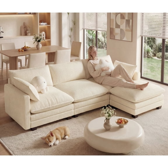 110'' L Shaped Cloud Couch with Removable and Washable Cover, Noelse 3 Seater Modular Sectional Corduroy Sofa with Deep Seat and Movable Ottoman for Living Room Bedroom, Beige