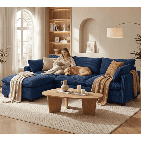 110'' Oversized Cloud Couches with Washable Corduroy Cover, L Shaped Couch for Living Room, Modern 4-Seater Comfy Deep-Seat Sofa with Movable Ottoman and 2 Throw Pillows, Blue, Clearance