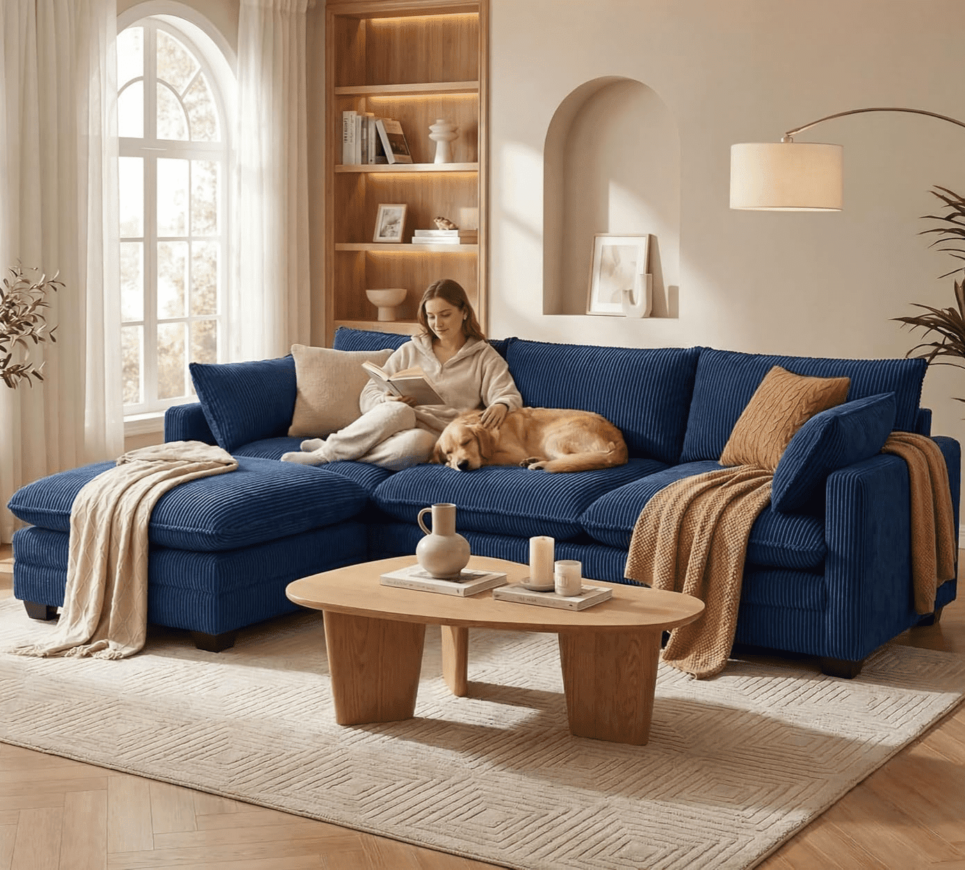 Noelse 110" L Shaped Sofa Couch Modular Sectional Cloud Couch with Movable Ottoman, 3-Seater Comfy Corduroy Deep Seat Sofa with 2 Pillows for Living Room, Bedroom, Blue, Clearance