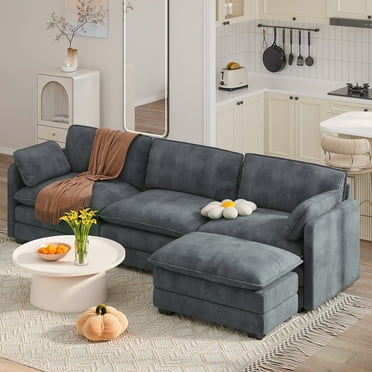 110.2" L Shaped Modern Sofa Modular Sectional Cloud Couch with Movable Ottoman, Noelse 3-Seater Comfy Corduroy Deep Seat Sofa with 2 Pillows for Living Room, Bedroom and Apartment, Grey