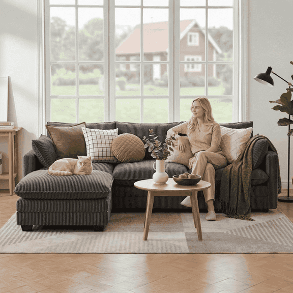 110'' L Shaped Cloud Couch with Removable and Washable Cover, Noelse 3 Seater Modular Sectional Corduroy Sofa with Deep Seat and Movable Ottoman for Living Room Bedroom, Gray