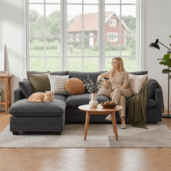3 Seater Cloud Couches for Living Room L Shaped Sectional Sofa with Movable Ottoman Comfy Deep Seat Sofa with 2 Pillows for Living Room Bedroom and Apartment, Corduroy Fabric, Gray