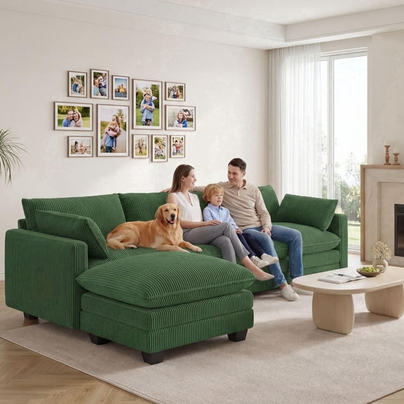 110'' Oversized L Shaped Couch for Living Room, Noelse Cloud Couches with Washable Corduroy Cover, Modern 4-Seater Comfy Deep-Seat Sofa with Movable Otteoman and 2 Throw Pillows, Green, Clearance