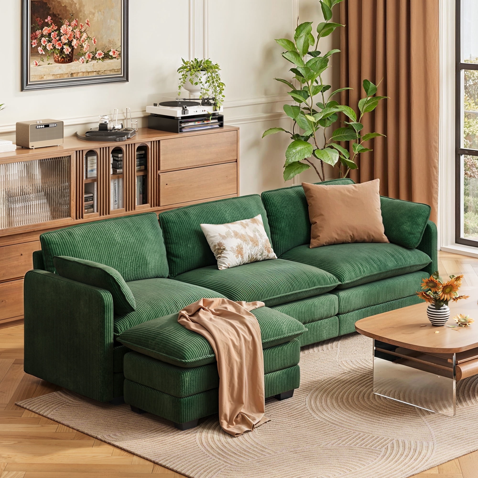 110" Midcentury Modern Sofa Modular Sectional Cloud Couch with Movable Ottoman, Noelse 3 Seater Green Corduroy Couch with Deep Seat and Pillows for Living Room, L Shaped