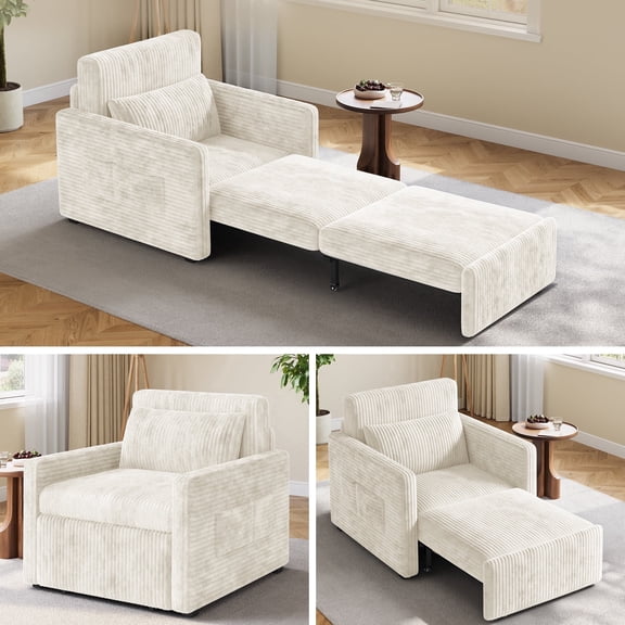 Noelse 3-in-1 Sleeper Chair Bed, Convertible Sofa Bed with Pull-Out Recliner, Corduroy Fabric Accent Chair, Beige