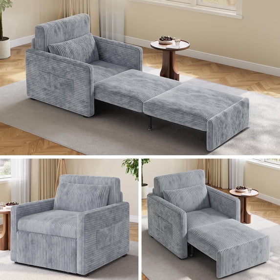 Noelse 3-in-1 Sleeper Chair Bed, Convertible Sofa Bed with Pull-Out Recliner, Corduroy Fabric Accent Chair, Gray