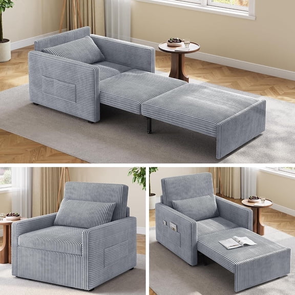 Noelse Sleeper Chair for Small Spaces, 3-in-1 Convertible Sofa Bed Chair, Pull Out Chair Bed with Storage Pockets, Corduroy, Gray