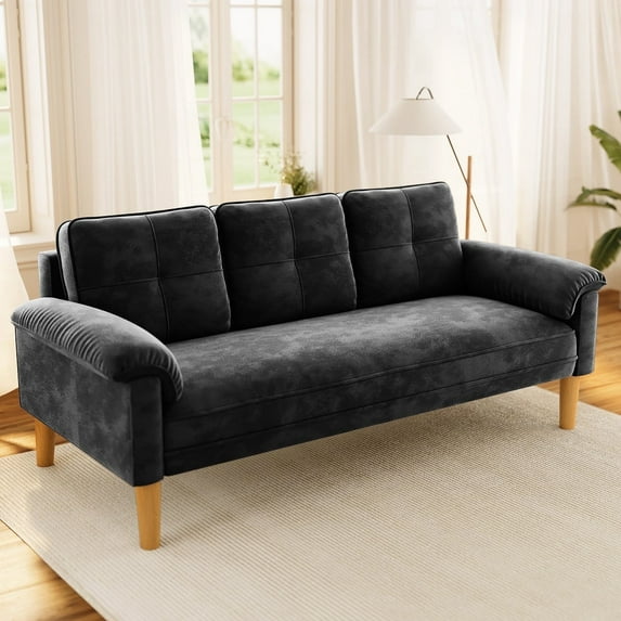 Noelse Small Space 69" Sofa Couch, Apartment-Size 3-Seater Loveseat with Deep Cushions, Modern Velvet Couch for Living Room, Bedroom, Dorm, Black