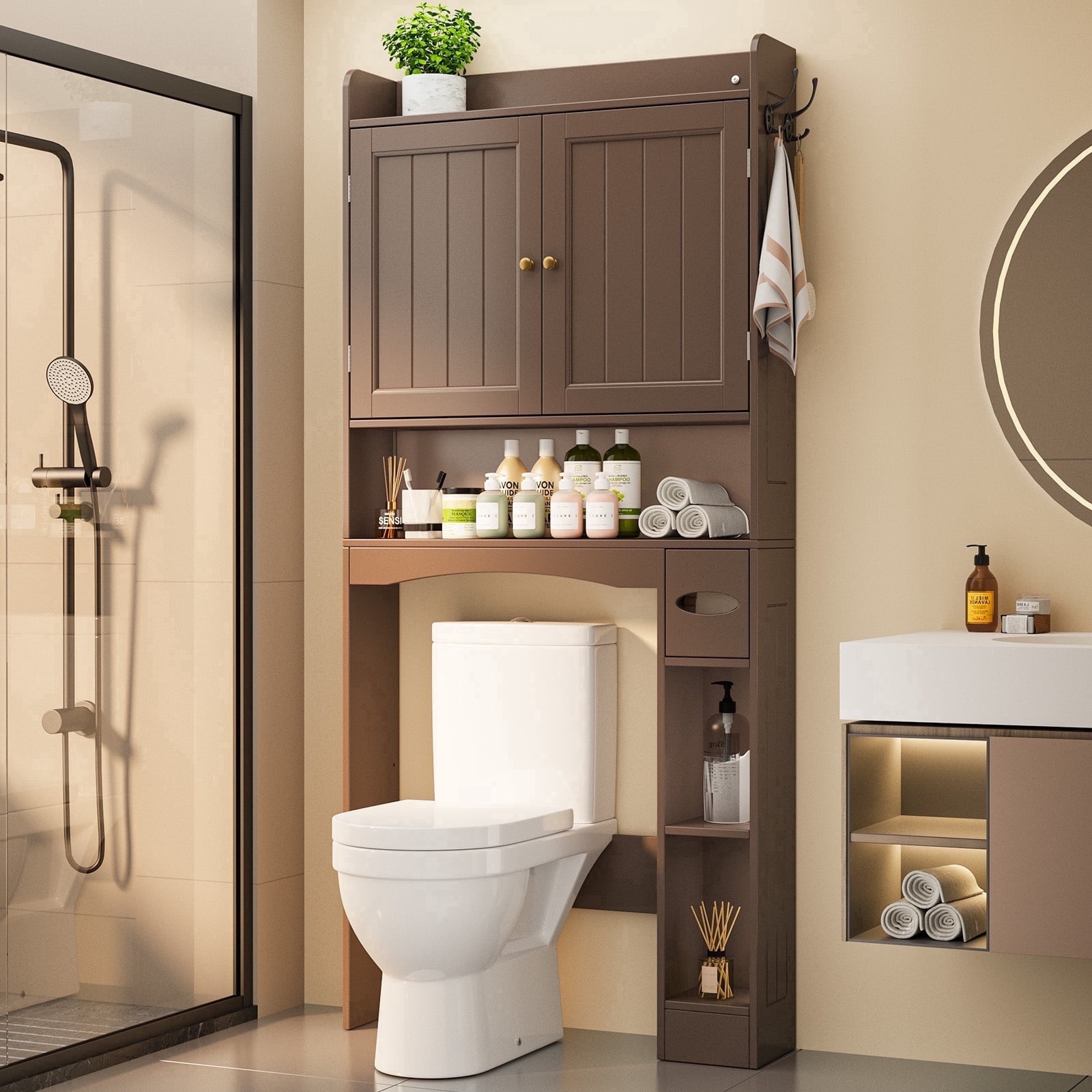 Noelse  Over the Toilet Storage Cabinet, Over Toilet Bathroom Organizer with 2 Doors, Adjustable Shelves, Toilet Paper Holder, 2 Side Hooks, Space-Saver for Bathroom, Laundry, Brown