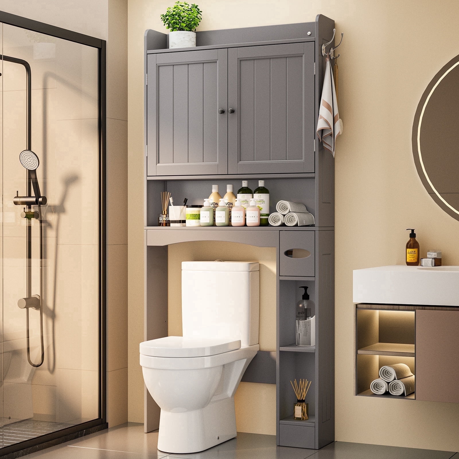 Noelse  Over the Toilet Storage Cabinet, Over Toilet Bathroom Organizer with 2 Doors, Adjustable Shelves, Toilet Paper Holder, 2 Side Hooks, Space-Saver for Bathroom, Laundry, Gray