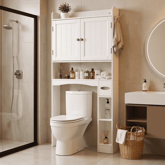 Noelse Over the Toilet Storage Cabinet, Over Toilet Bathroom Organizer with 2 Doors, Adjustable Shelves, Toilet Paper Holder, 2 Side Hooks, Space-Saver for Bathroom, Laundry, White