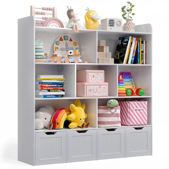 Noelse Toy Storage Cabinet and Kids Bookcase with 4 Movable Drawers and 8 Open Shelves Toy Chest Shelf Organizer with Hidden Wheels for Playroom Nursery Kids Room,Gray