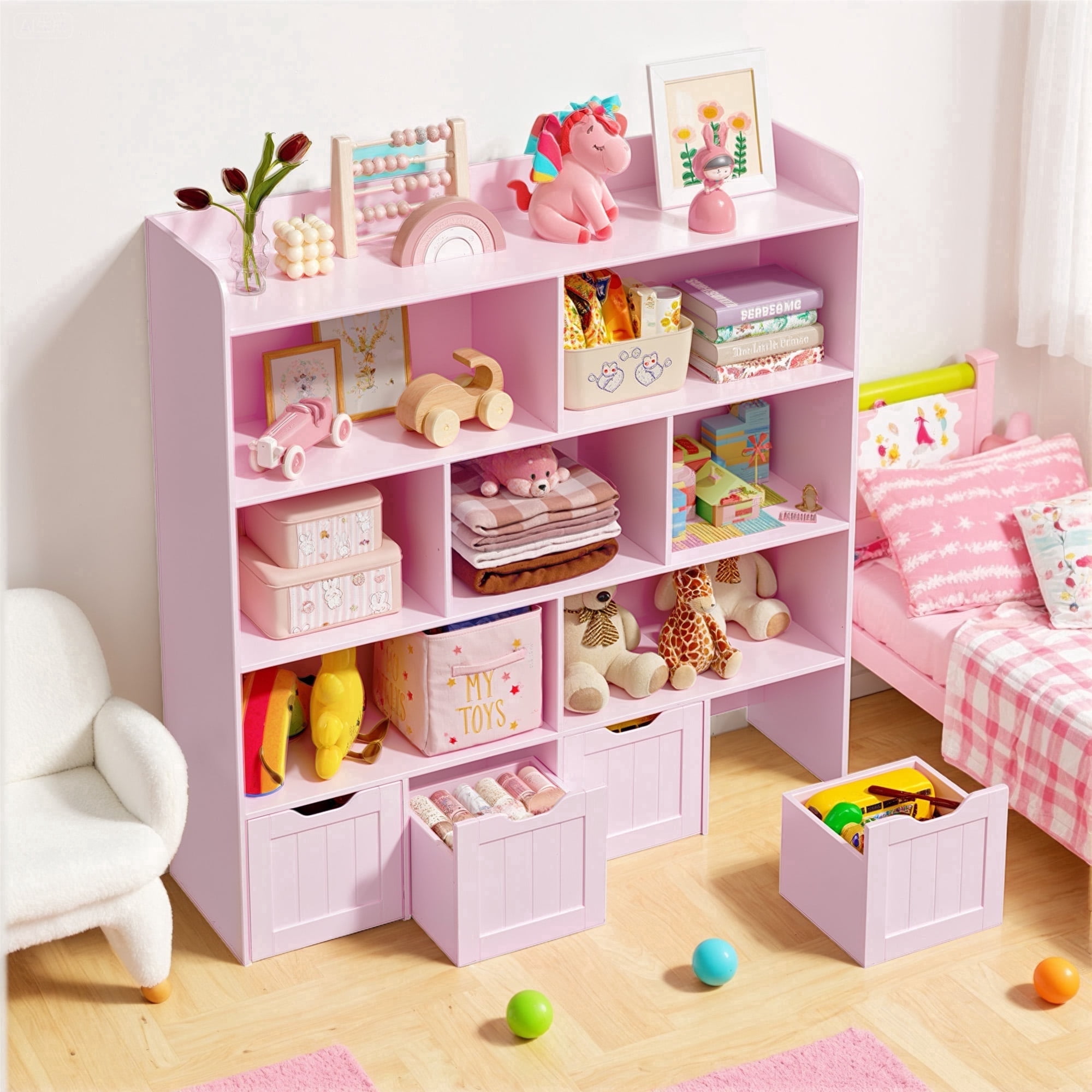 Noelse Toy Storage Cabinet and Kids Bookcase with 4 Movable Drawers and 8 Open Shelves Toy Chest Shelf Organizer with Hidden Wheels for Playroom Nursery Kids Room, Pink