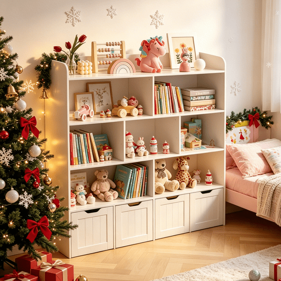 48" Toy Storage Cabinet with 4 Movable Drawers 5-Tier Kids Bookcase with 8 Open Shelves Girls Shelf Organizer for Playroom Nursery Kids Room, White