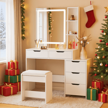 Noelse Vanity Desk with Lights, Makeup Vanity with Adjustable Brightness and 3 LED Modes, Dressing Table Set with 5 Movable Large Drawers for Bedroom, White