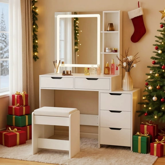 Noelse Vanity Desk with Lights, Makeup Vanity Set with Mirror & Adjustable LED, 5 Drawers Dressing Table with Stool, Perfect Gift for Women, Bedroom, Christmas Decor, White
