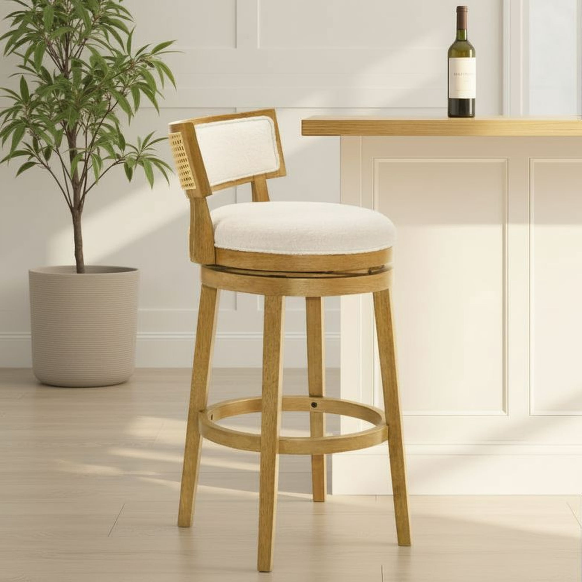 Noely Modern Farmhouse Swivel Wood Bar Height Kitchen Bar Stool in Amber Glow Finish with White Boucle Fabric Upholstered Seat - Set of 4