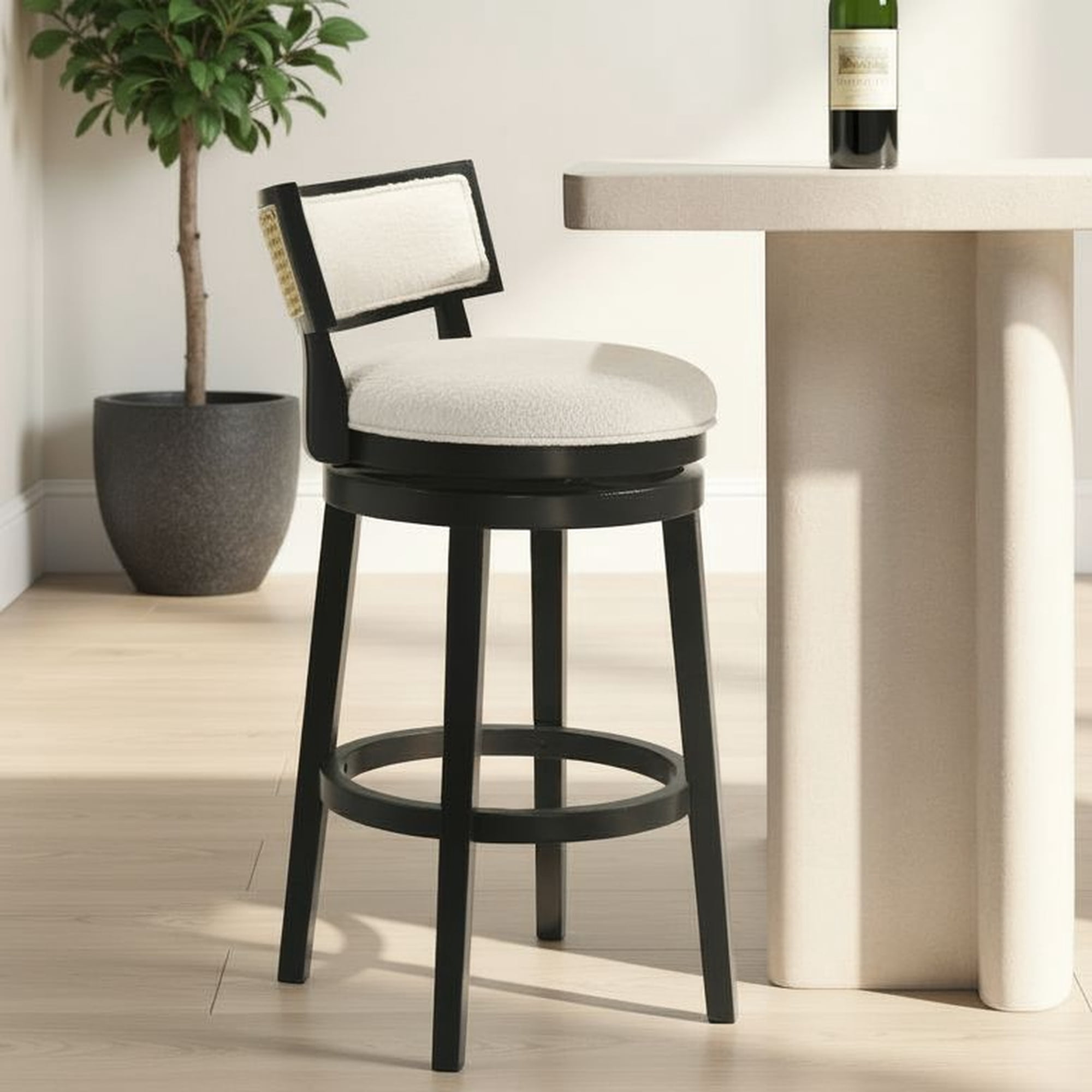 Noely Modern Farmhouse Swivel Wood Bar Height Kitchen Bar Stool in Black Finish with White Boucle Fabric Upholstered Seat - Set of 3
