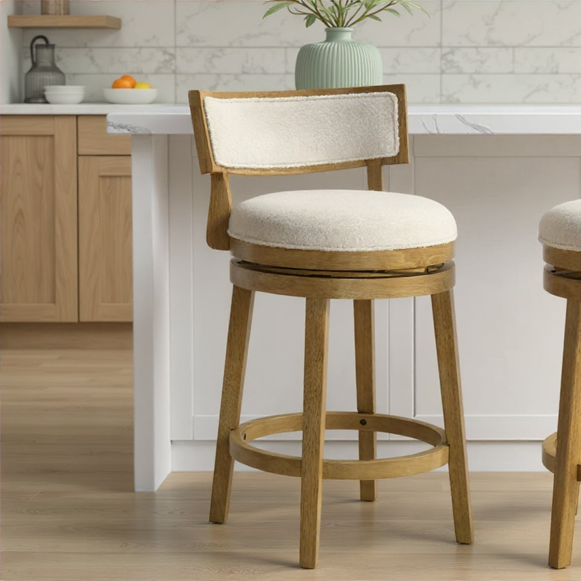 Noely Modern Farmhouse Swivel Wood Counter Height Kitchen Bar Stool in Amber Glow Finish with White Boucle Fabric Upholstered Seat - Set of 3