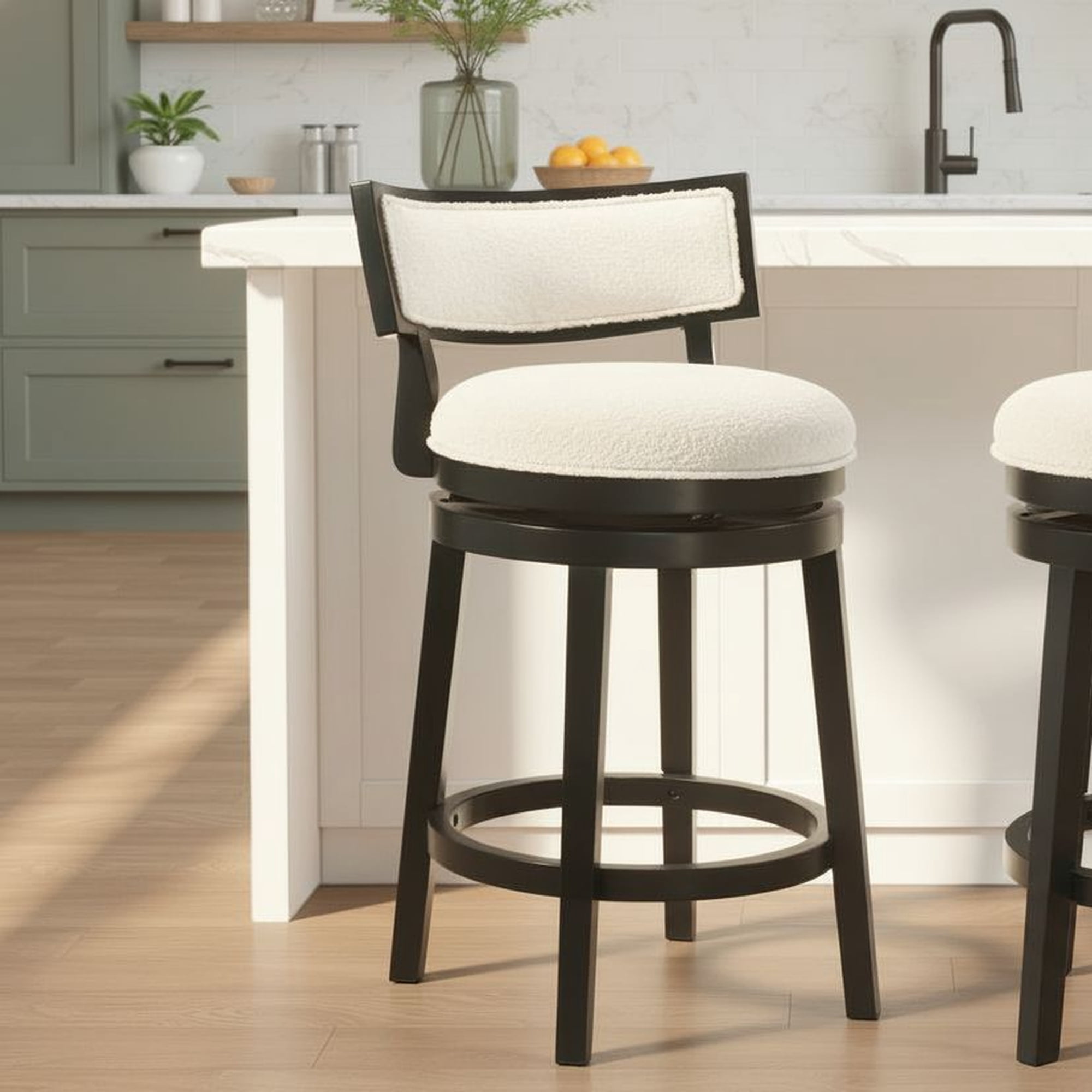 Noely Modern Farmhouse Swivel Wood Counter Height Kitchen Bar Stool in Black Finish with White Boucle Fabric Upholstered Seat