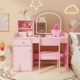 thumbnail image 1 of Kids Vanity Table and Chair Set with 2-Tier Open Shelves and Drawer, Noelse Pink Vanity Set with Mirror and Lights for Pretend Play, Girls Vanity Desk for Bedroom, 1 of 10