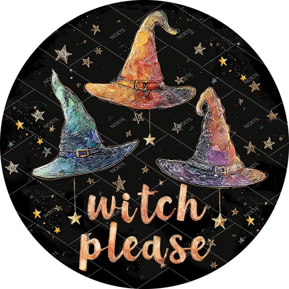Noete 12x12 Inch Round "Witch Please" Halloween Metal Tin Sign, Witch Themed Wall Decor for Front Door, Porch & Spooky Home